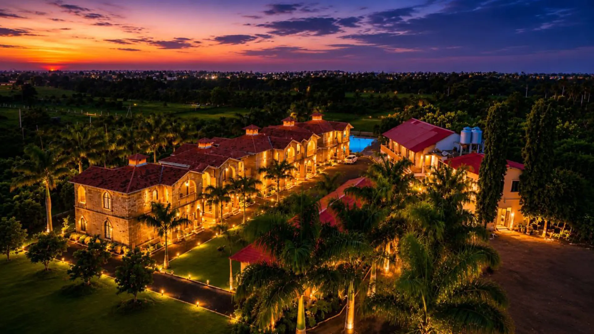 Aerial view of Gir Night Resort at dusk